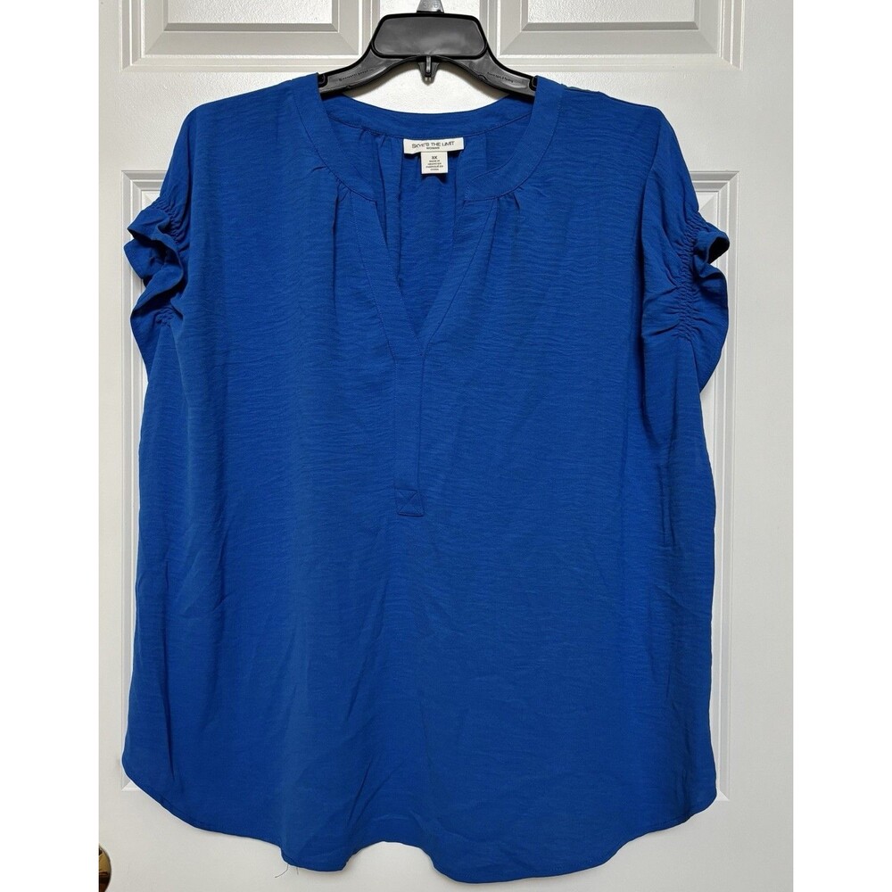 SKYE'S THE LIMIT WOMENS TOPS ZIE 3X BLUE PULLON V-NECK SLEEVELESS BOHO RUCHED